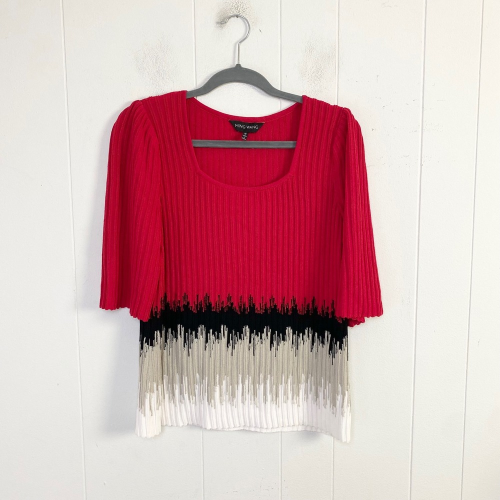 Ming Wang Red Ribbed Knit Scoop Neck Top Abstract Intarsia Hem Size M